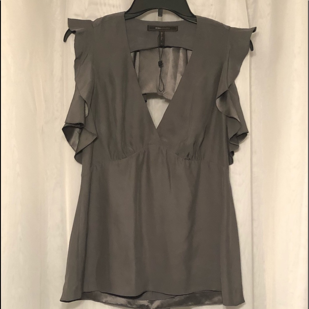 BCBGMAXAZARIA gray silk open back blouse